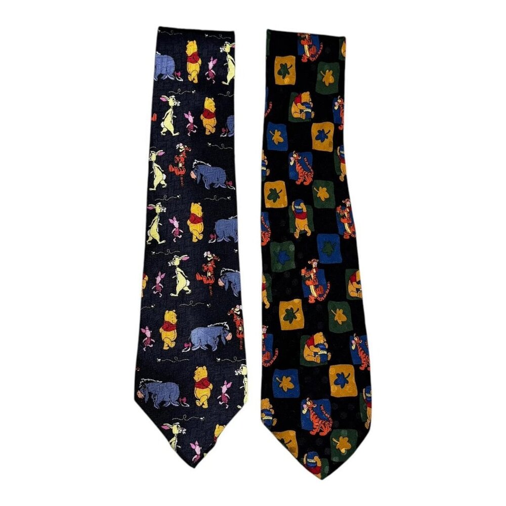 Lot of 2 Vintage Disney Pooh Silk Hand Made Pooh Tigger Eeyore Ties